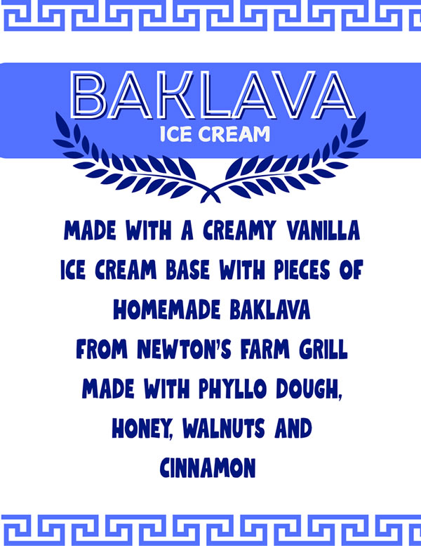 Greek Ice Cream Baklava - Made with a creamy vinalla ice cream base with pieces of homemade baklava from Newtons Farm Grill with phyllo dough, honey, walnuts and cinnamon
